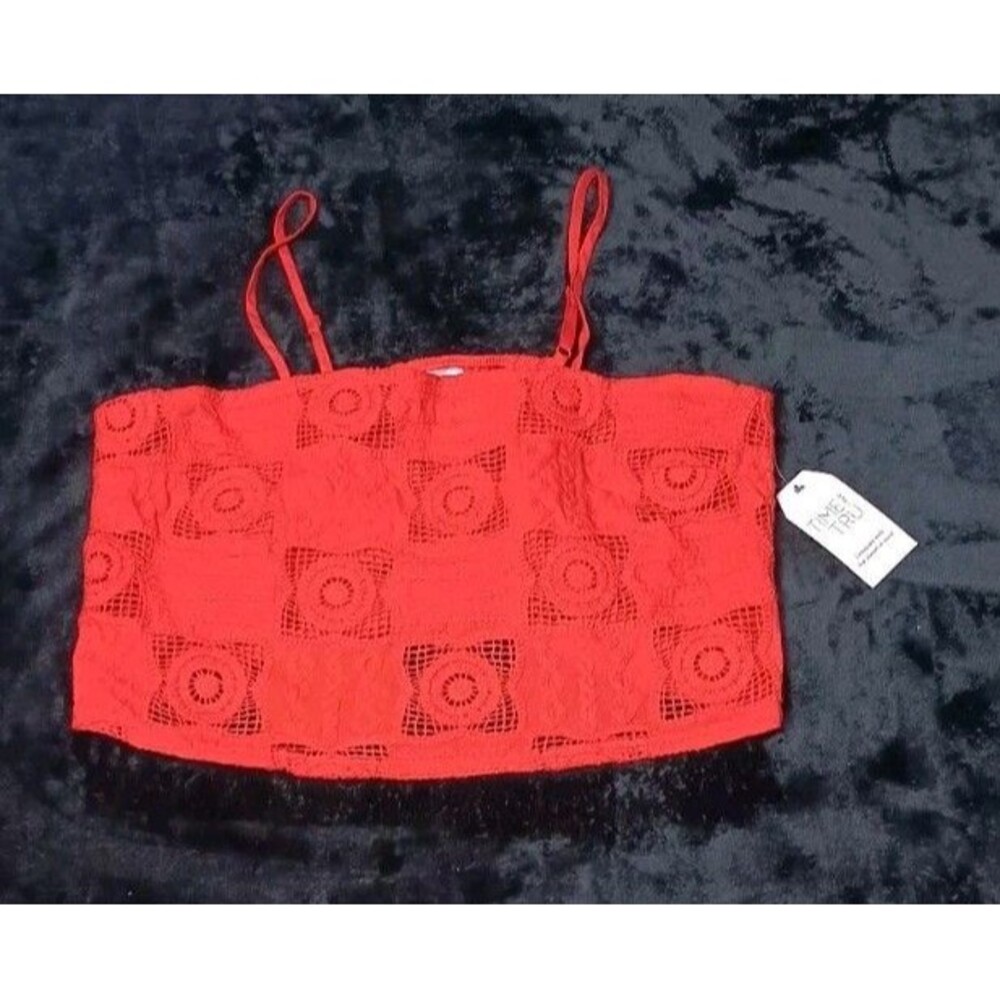 NWT! Time & Tru Cropped Granny Square Crochet Lace Cami Tank Top XL Red Rooster